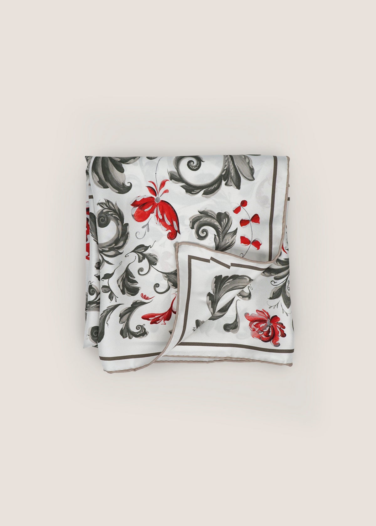 Kystrose silk twill scarf folded to show the border