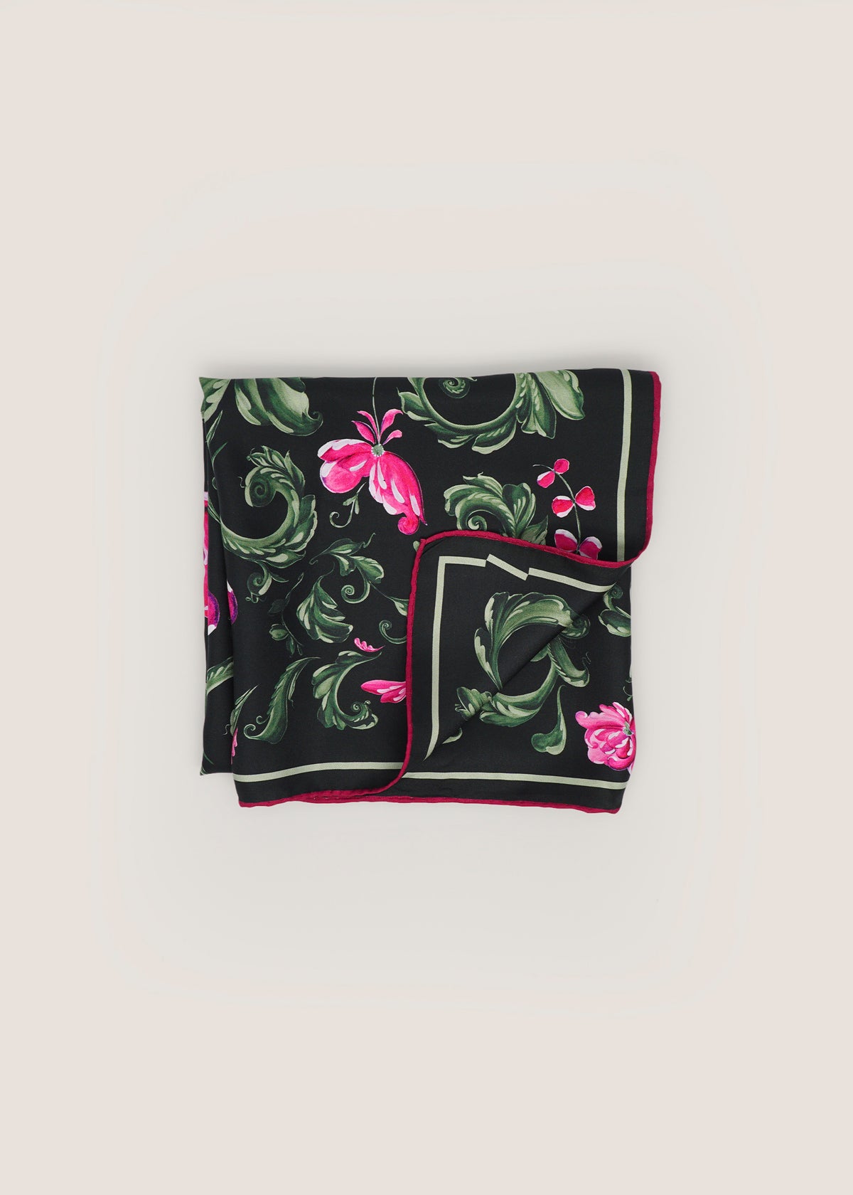 Villrose silk twill scarf folded to show the border