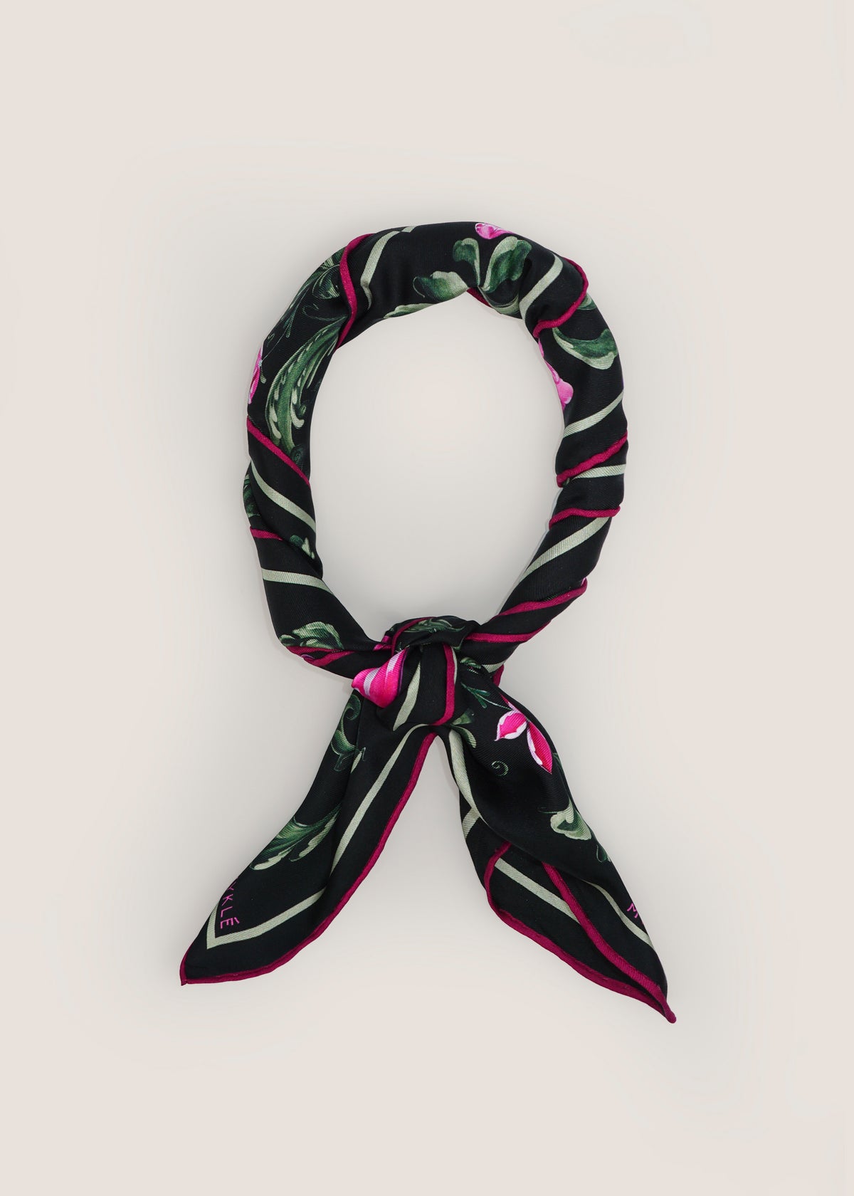 Villrose silk twill scarf tied in a knot