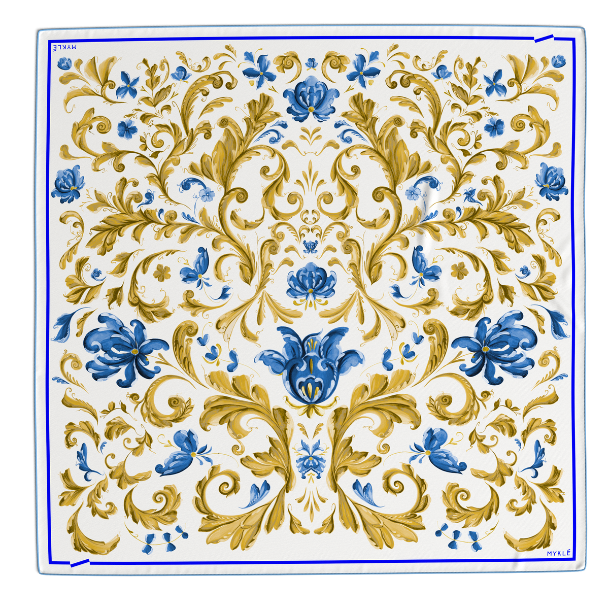 Gullrose silk twill scarf laid flat, showing the full yellow and blue rosemaling print and border